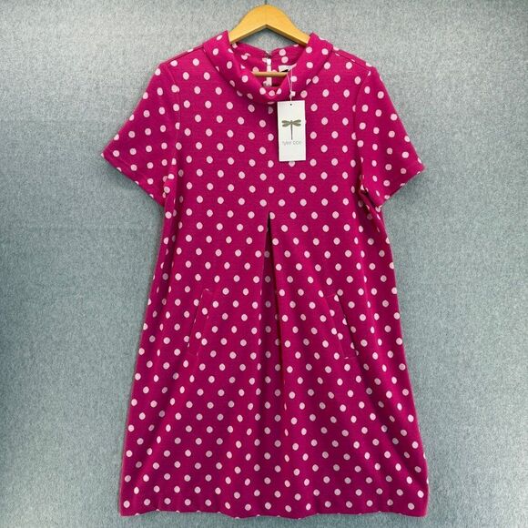 Tyler Böe NWT Pink Polka Dot Dress Womens Large Pleated Pockets Peter Pan Collar - Picture 1 of 14